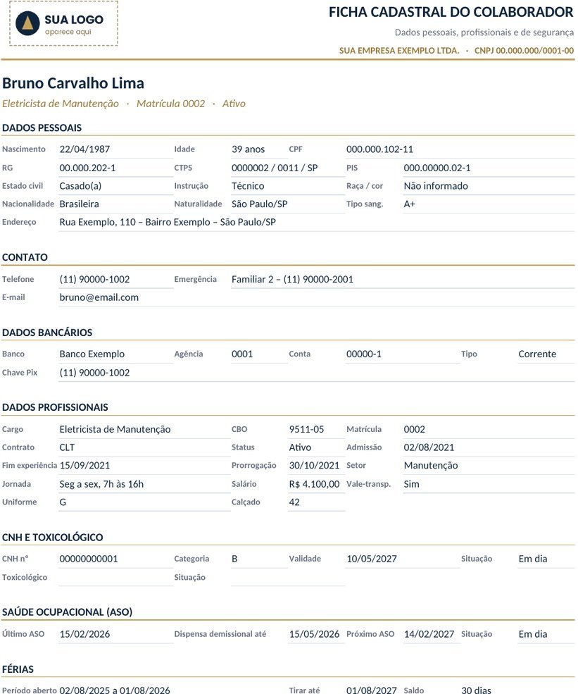 Ficha cadastral gerada pela planilha de RH